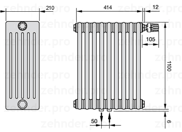 Схема (чертеж) Радиатор Zehnder Charleston 6110/9 №V008 Белый глянцевый RAL 9016